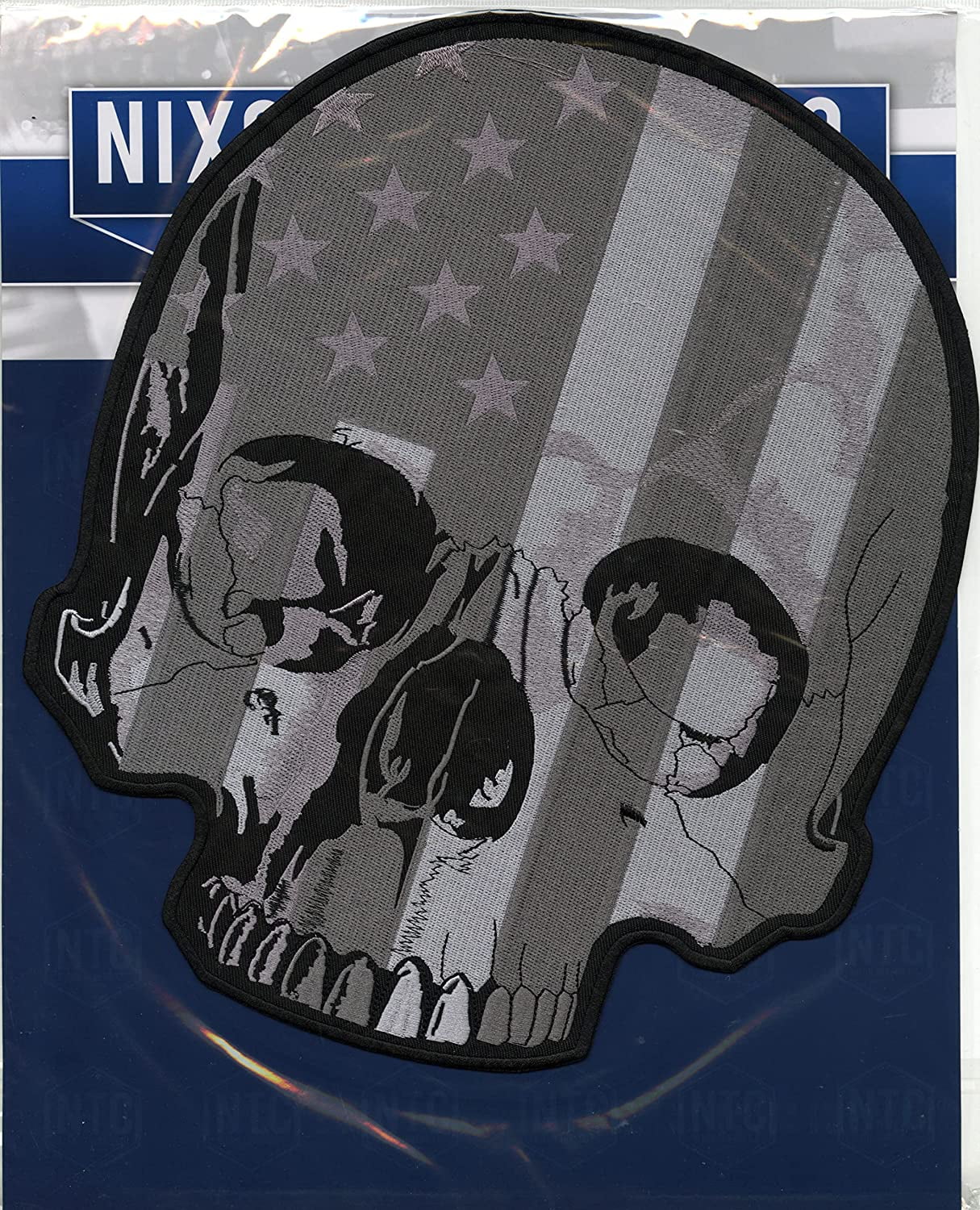 Subdued Half Skull Patch 12" | Black White US Flag Patriotic Halfskull Skeleton | Embroidered Iron On | Large Motorcycle Back Patches for Men and Women