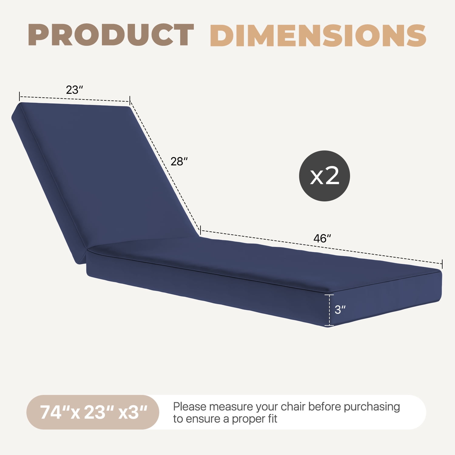 BaPiPro Navy Blue 2 Pack 72x21 Inch All-Weather Waterproof Outdoor Chaise Lounge Cushions, High-Density Foam Patio Pads with Detachable Zipper Covers & Non-Slip Ties for Pool Garden Backyard