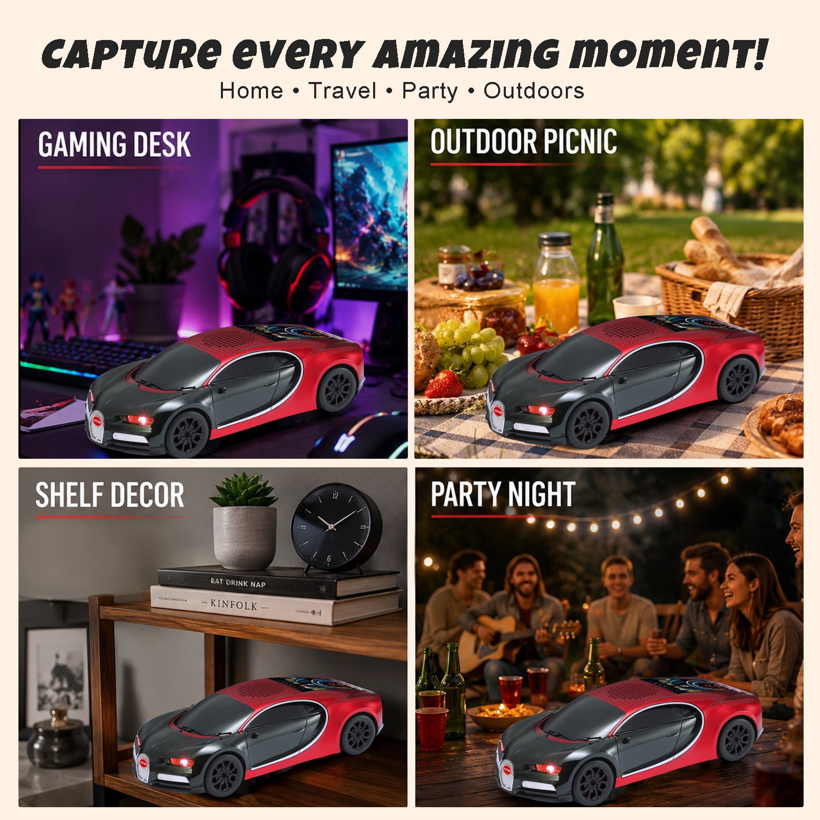 WSTER WS-660 portable Bluetooth speaker is a cool, car-shaped wireless speaker with LED lights, an FM radio, and TF card support.Suitable for desktop decorations/computer use/outdoor use/party use