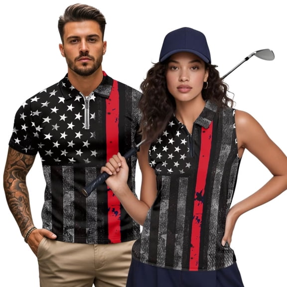 Jeiento American Flag Matching Golf Shirts for Couples Womens Tennis Tank Tops Slim Fit Short Sleeve Athletic Shirts Matching Activewear Set Sportswear for Couples
