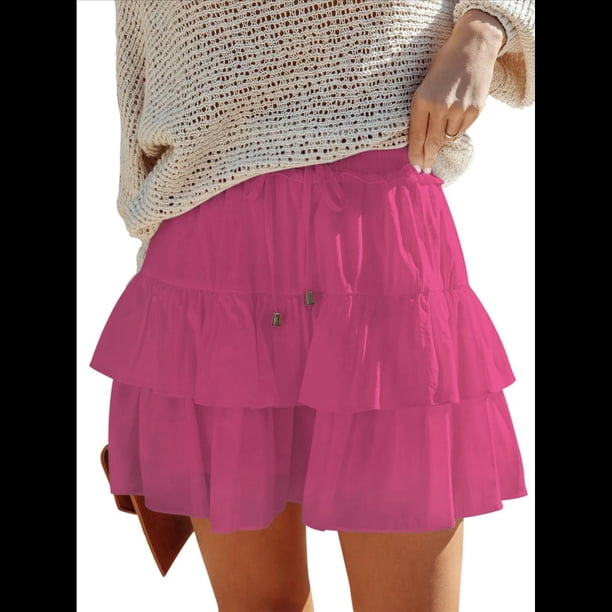 Falda Pantalón Estilo Bohemio con Volantes y para Mujer, Estilo Informal, de Cintura Alta, Color Rojo Rosa, Talla M