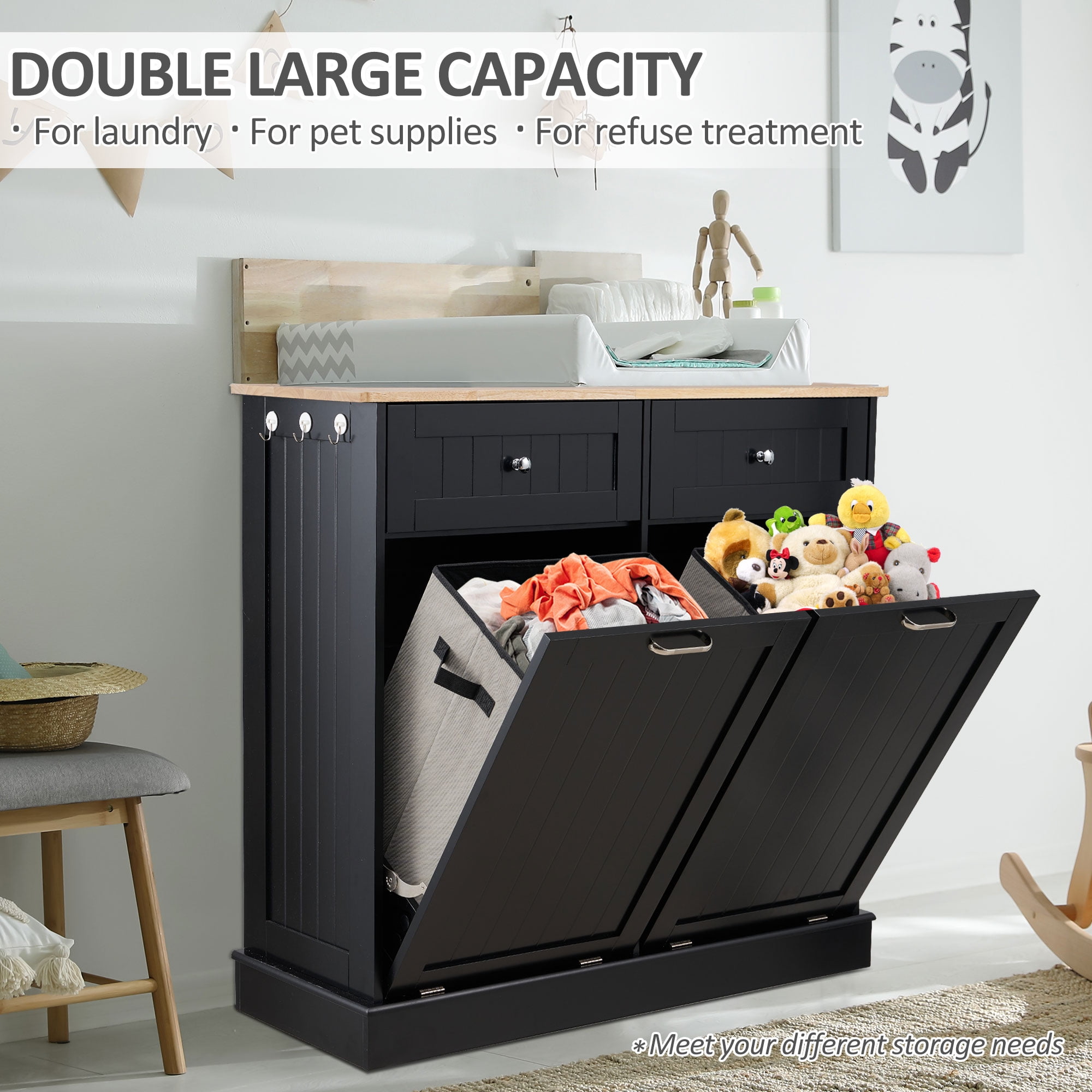 HARIPUL Double Tilt Out Trash Cabinet, 26 Gallon Trash Can Cabinet with Drawers & Handles for Kitchen, Black/Light Brown Top