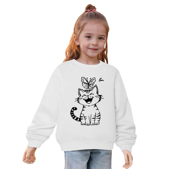 lcziwo 2024 Chandails à Imprimé de Chat Mignon pour Filles Enfants Col Rond Manches Longues Chemises en Coton Légères Décontractées Douces Vêtements d'Hiver Automne pour 2-10 Ans Blanc, 3 Ans