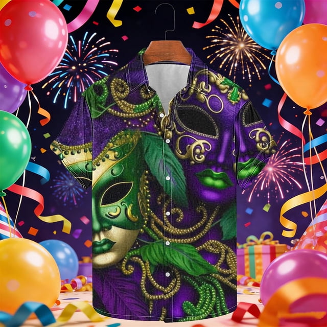 Ceisia Men's Mardi Gras Festive Print Short Sleeve Button-Up Shirt Collection | Venetian Mask & Bead Mardi Gras Button-Up Shirt Gifts