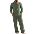 thumbnail image 2 of Migroa Mens 2 Pieces Cotton Linen Set Long Sleeve Shirts Casual Drawstring Yoga Pants Loose Fit Straight Legs Beach Trousers Summer Beach Wedding Outfits Army Green M, 2 of 5
