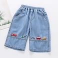 thumbnail image 3 of Ticikt Boys' Cotton Denim Capri Shorts, Elastic Waist Car Embroidered Summer Pants,Light Blue,7-8 Years, 3 of 5