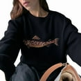 thumbnail image 2 of Women Contrast Fish Sweater Long Sleeve Crew Neck Ribbed Knit Pullover Sweaters Fall Casual Tops Black S, 2 of 7
