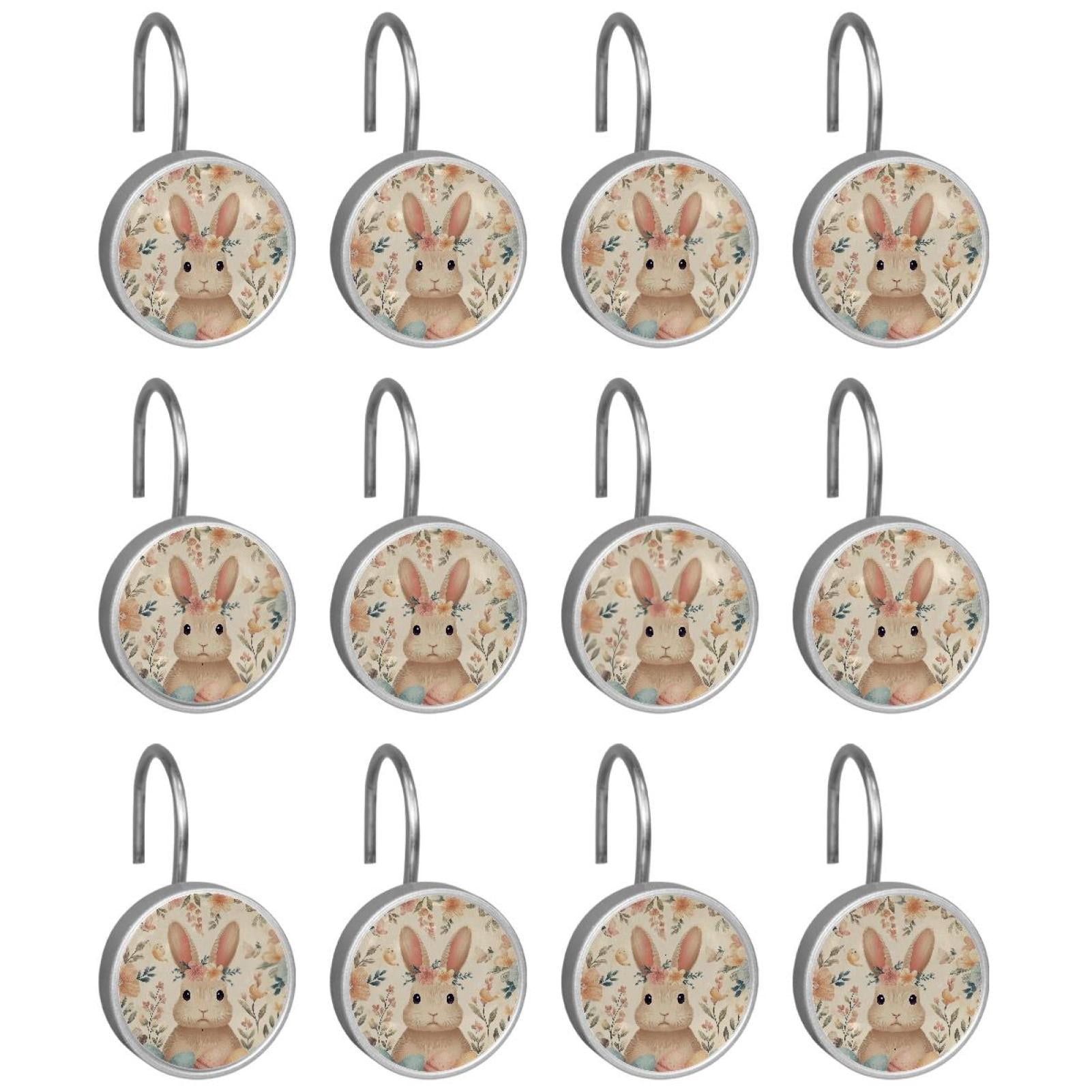 Imobaby 12 Pcs Metal Shower Curtain Hooks Rust Proof for Shower Curtain Liner - Wreath Rabbit Dinosaur Egg Apricot