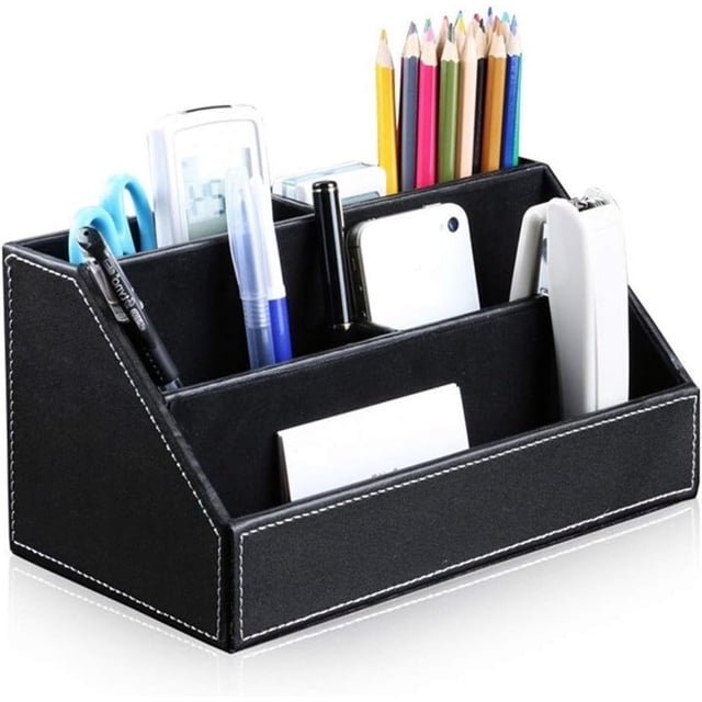 Organizador de escritorio elegante, soporte de control remoto de cuero sintético para oficina y hogar, solución de almacenamiento multifuncional con diseño de lujo, regalo ideal para hombres,