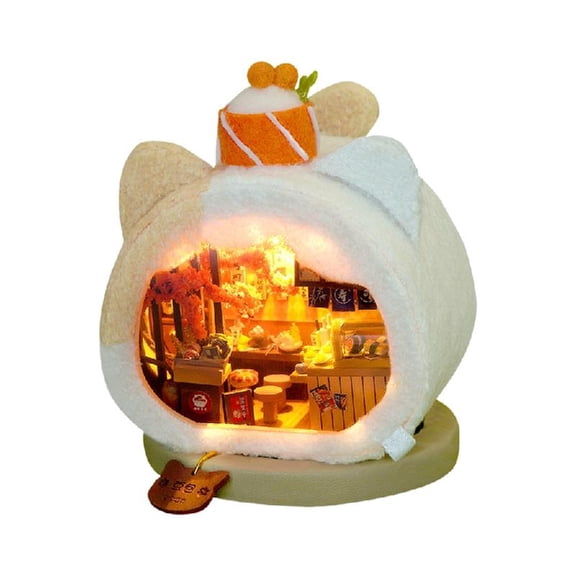 JZROCKER Wood Sushi Restaurant Shop Model Dollhouses with light Unique Craft Build Your Own Shop Craft Miniature