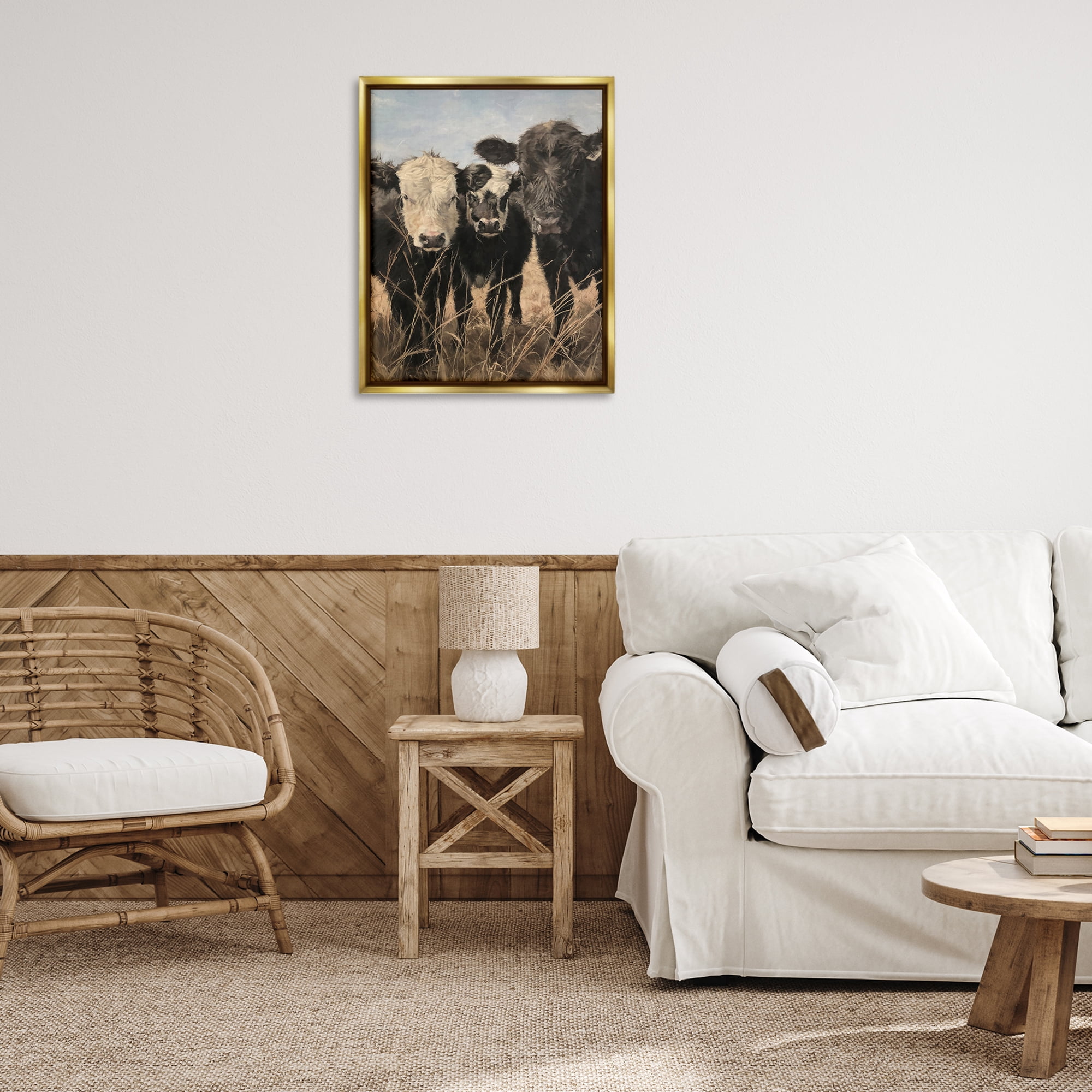 Stupell Industries All In Cow Family Animals Painting Gold Floater Framed Canvas Art Print Wall Art, 25 x 31