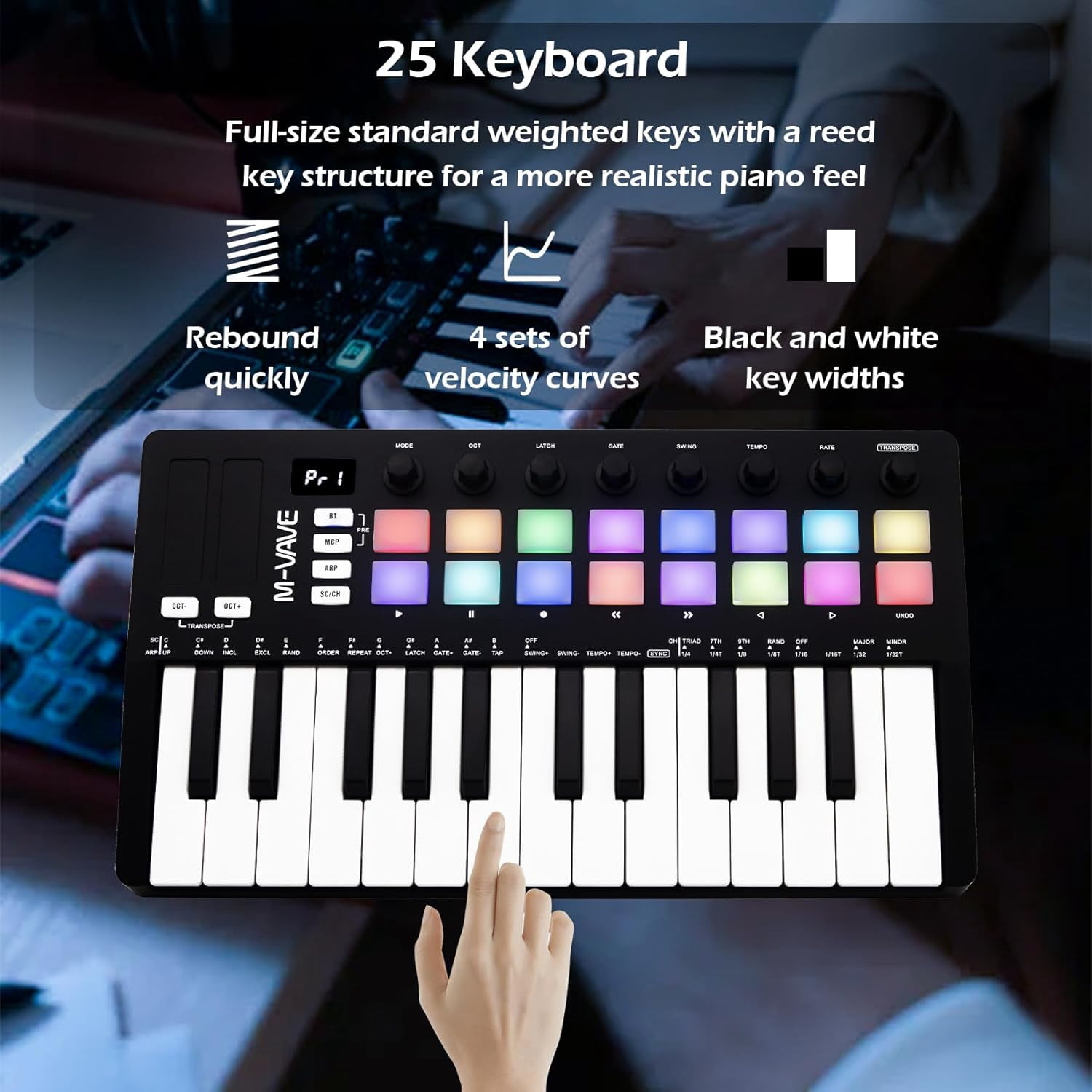 25-key MIDI sequencer keyboard controller with 16 RGB backlit drum pads and 8 knobs. Supports DAW and NKS integration, chord/scale modes. Includes software bundle.
