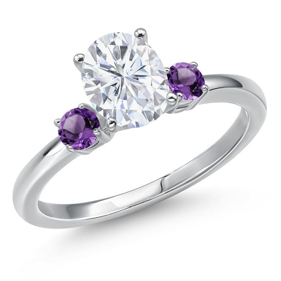 Gem Stone King 14K White Gold White Moissanite and Purple Amethyst Engagement Ring for Women | 1.70 Cttw | Oval 8X6MM | Gemstone Birthstone | Size 5