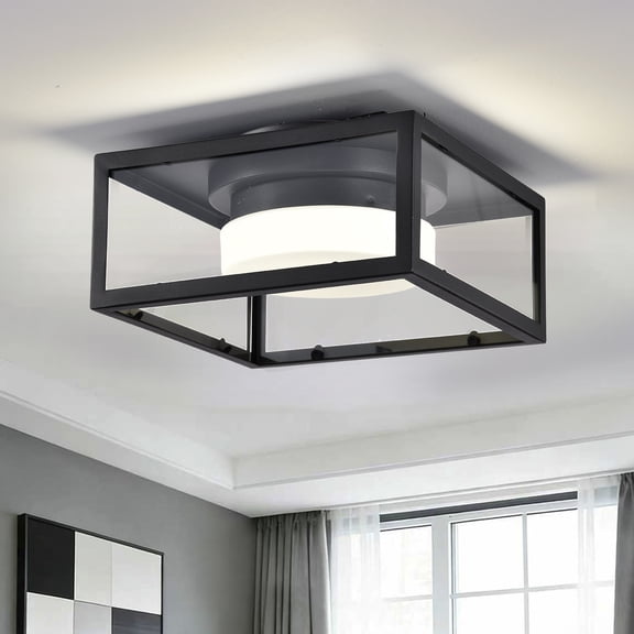 Modern LED Flush Mount Ceiling Light, 15W Square Black Metal Frame with Round White Diffuser