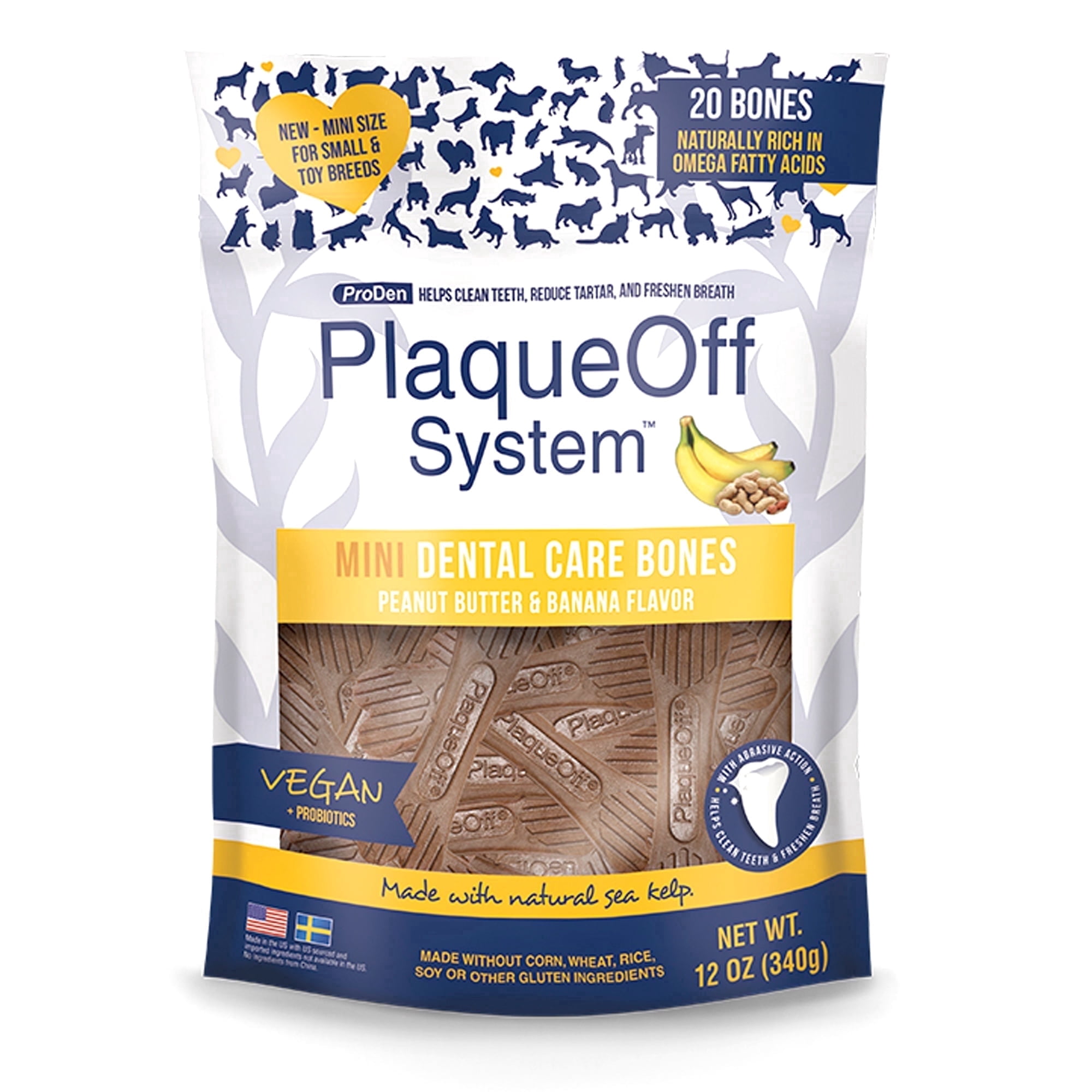 ProDen PlaqueOff System MINI Dental Care Bones with Peanut Butter & Banana Flavor for Dogs 12 oz