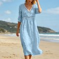 thumbnail image 2 of Bysome Women Dresses Solid Color 3/4 Sleeve V-Neck Flowy Dress Summer Comfortable Women Dress Size L Blue, 2 of 8