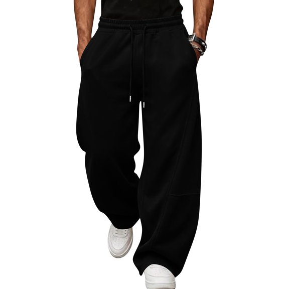 Leidass Men's Baggy Sweatpants Fleece Wide Leg Lounge Sweat Pants Drawstring Waist Jogging Pants with Pockets Black L