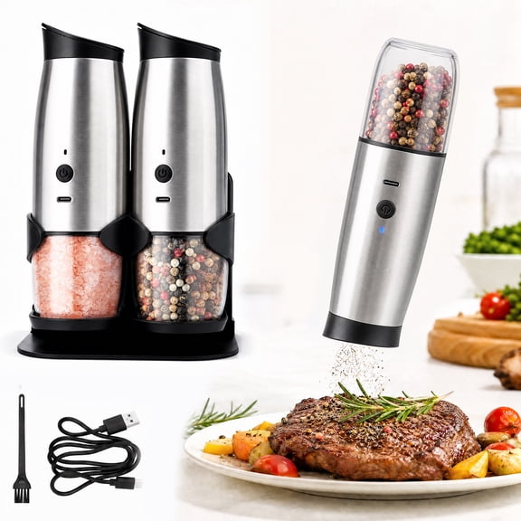 YEERSWAG® Electric Salt and Pepper Grinder Set of 2,USB-C Rechargeable Gravity Induced Automatic Mill with LED Light,Adjustable Coarseness Ceramic Core,Stainless Steel Spice Shaker with Storage Stand