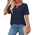 thumbnail image 1 of Camisa Elegante de Corta con Encaje y Mangas Huecas para Mujer, Color Liso, Azul , Talla M, 1 of 5