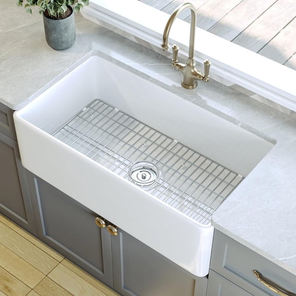 DeerValley Farmhouse Kitchen Sink 33 Inch, Fireclay White Undermount Kitchen Sink, Apron-Front, Large Deep Single Bowl with Bottom Grid & Strainer