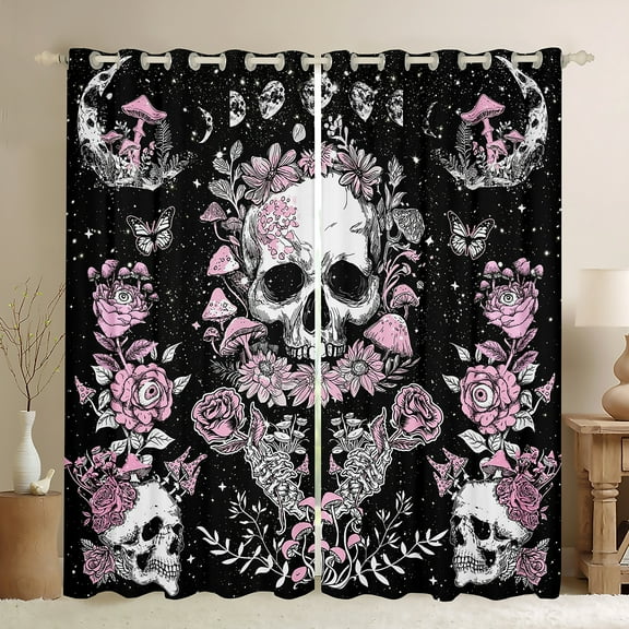 Homewish Gothic Skull Black Out Curtains,Pink Retro Flower Curtains Pack of 2 (42x63 Each),Galaxy Starry Night Bedroom Curtains For Girls Kids,Breathable Home Decor