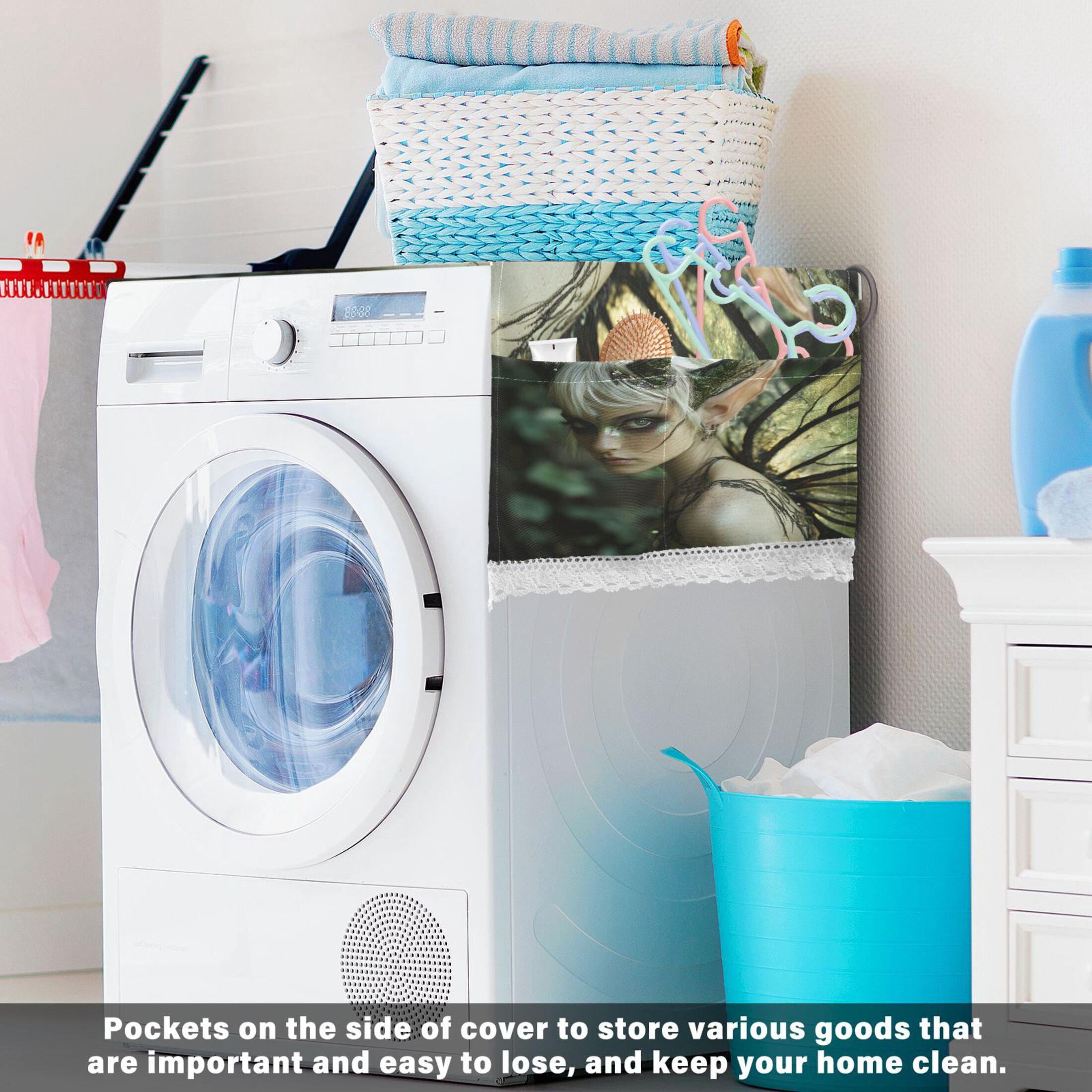 Demon Tinkerbell ElfWasher and Dryer Covers Dust-Proof and Oil Resistant Fridge Cover with 4 Storage Pockets Washing Machine Top Cover for Laundry Kitchen Home 51.2 x 22 In