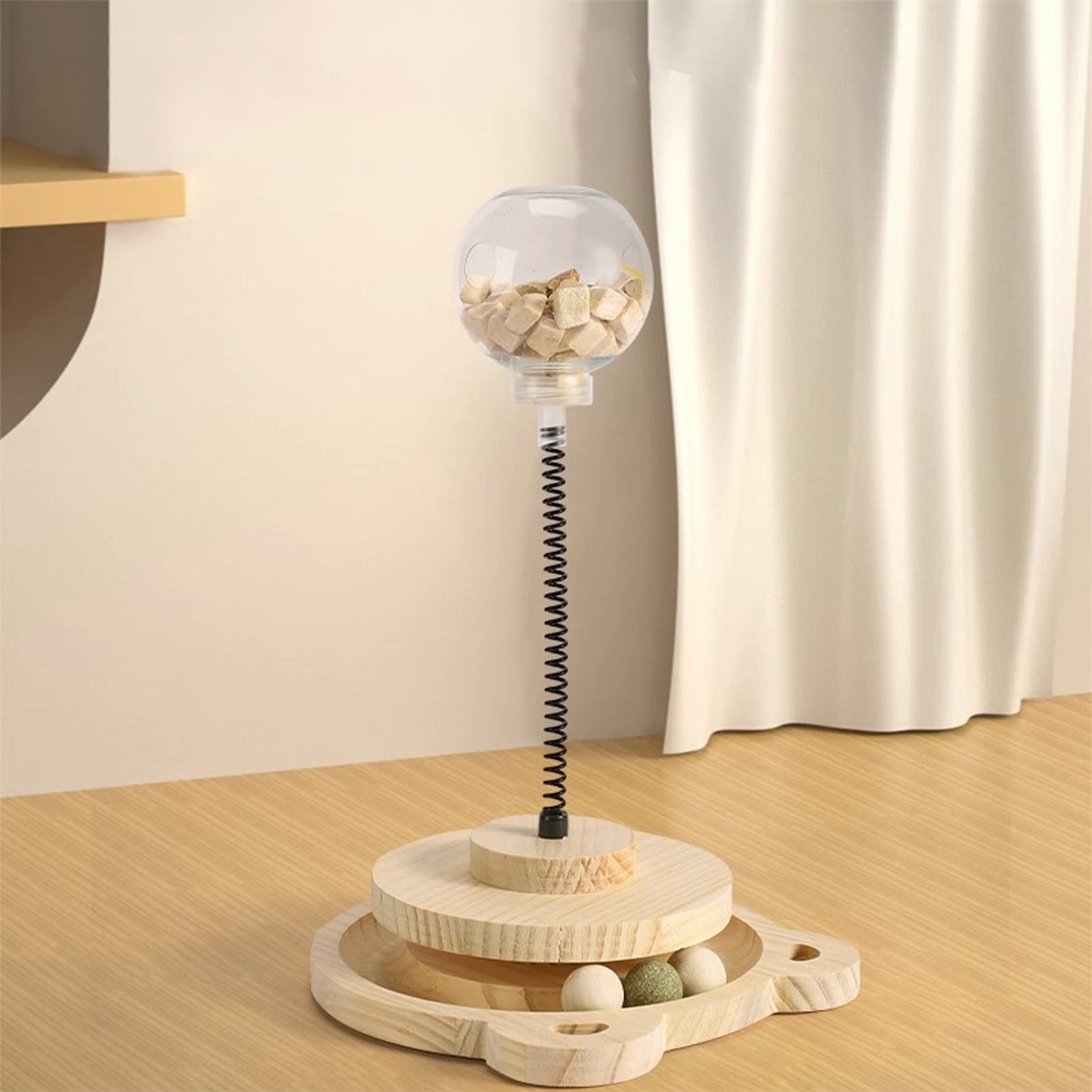 SPOORYYO Solid Wood Spring Rotating Catnip Toy Set - Interactive Cat Teaser with Food Leaking Function - Beige Pet Toy for Cats, Stimulates Hunting Instinct, Safe Chew Toy