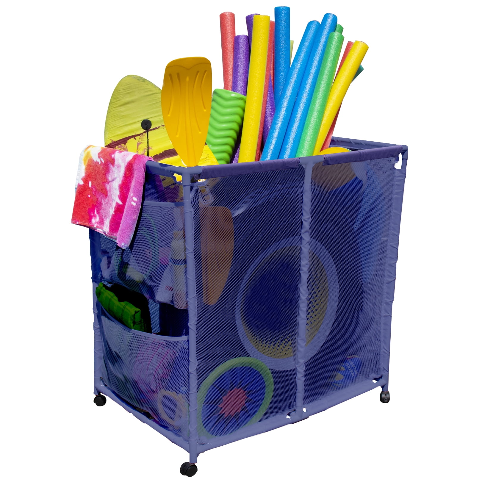 Essentially Yours Rolling Pool Toy Storage Bin, Pool Floats, Balls and Equipment Organizer, Large, Blue, 35" W x 25.4" L x 37.5" H