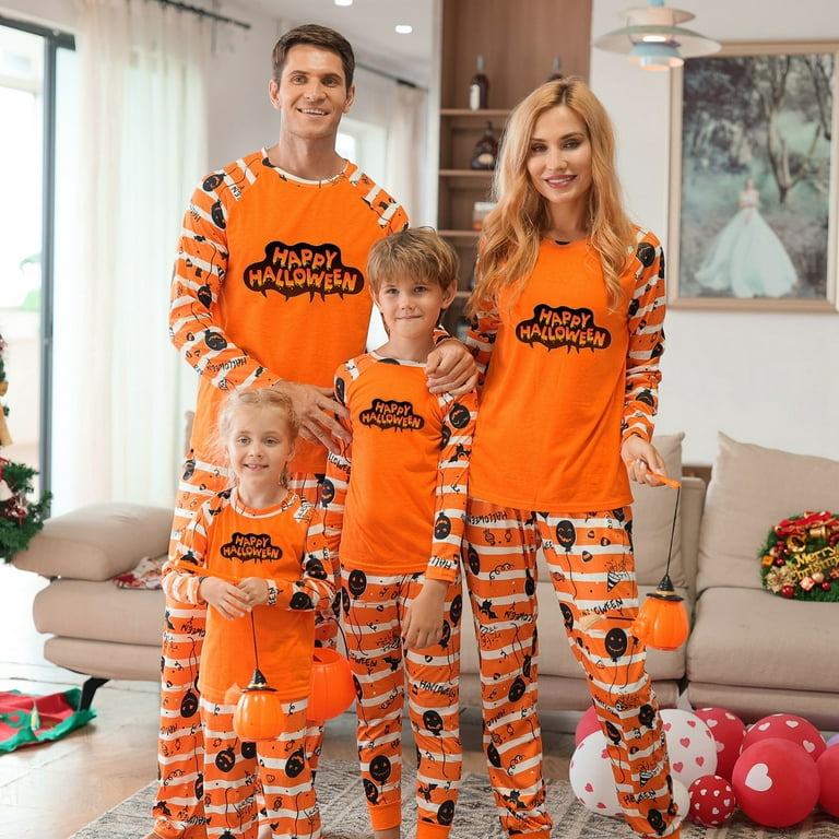 URMAGIC Halloween Themed Family Pajamas Set Monogram Print Long Sleeve  Striped Pants Pajamas Matching Set
