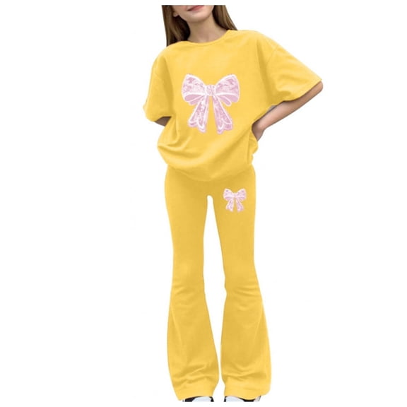 ZHAGHMIN Girls Two Piece Activewear Set Short Sleeve Heart Bow Print Top Flared Pants Casual Track Suit for Kids Tween Sizes 8-12