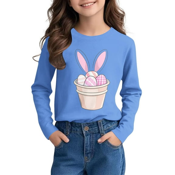 LIaqionyy Kids Happy Easter Shirt Cute Bunny Rabbit Print Graphic T-Shirt Long Sleeve Casual Loose Festival Tops