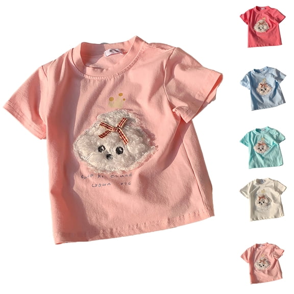YANGXINX Girls Summer Short Sleeve Tee Shirts Trendy Cute Dog Print Casual Round Neck Tunic Tops 2026 Stretch Comfy Cute Classic Clothes