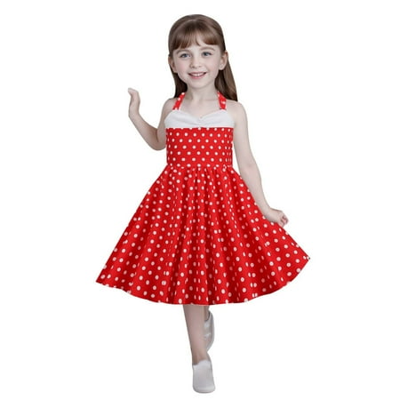 

OJinShaWanO Floral Dress Midi Short Sleeve Kids Girls Strap Spliced Polka Dot Vintage Children S Dress Princess Dress Red 95% Cotton;5% Polyester 7-8 Years