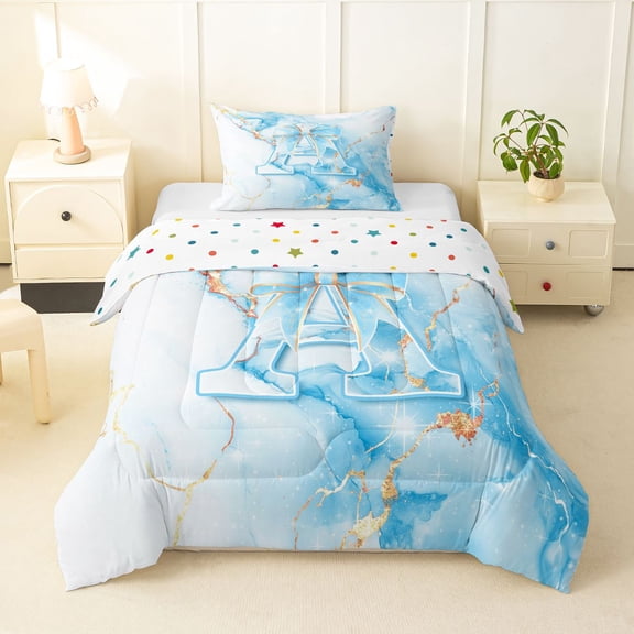 Manfei Golden Blue Bow Twin Comforter Sets,Girls Personalized Letter A Bedding Set,Polkadot Reversible,2-Piece,1 Comforter and 1 Pillowcase