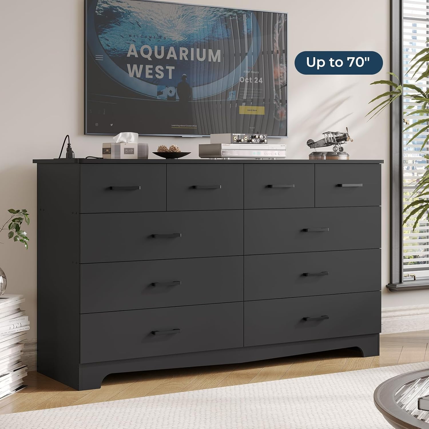 10 Drawers Dresser for Bedroom with Charging Station, Modern Long Chest of Drawers Storage Organizer, 55.1'' Wide Black Dresser TV Stand for Living Room