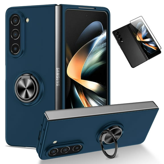 Allytech Galaxy Z Fold 5 Case with Front Screen Protector, Ring Holder Stand Compatible with Car Mount Not for Magsafe Shockproof Protective Cover Case for Samsung Galaxy Z Fold5 - Darkblue