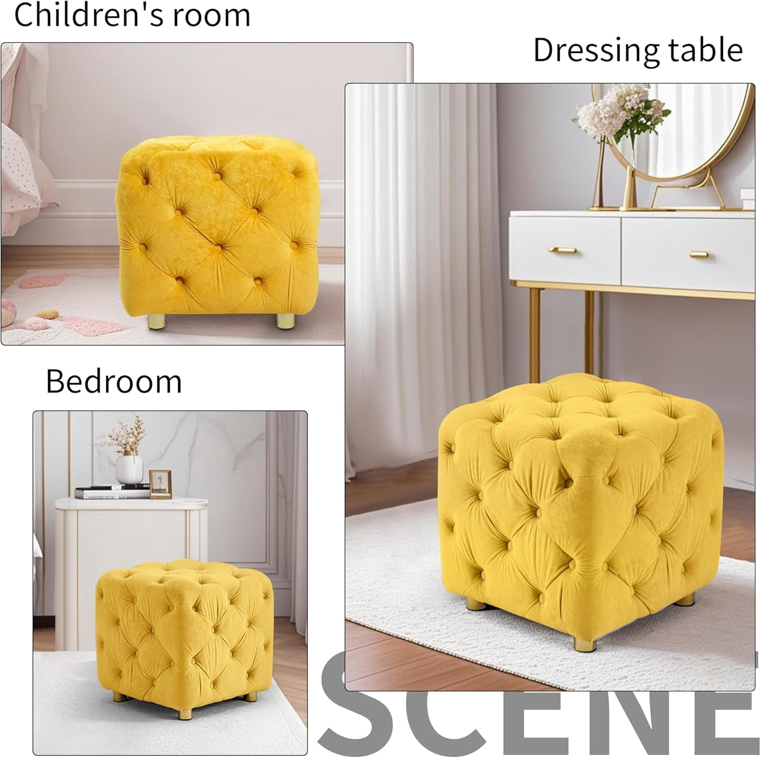 LEHZROAJ Button Tufted Velvet Vanity Stool with Metal Legs, Modern Makeup Ottoman, Upholstered Foot Rest Footstool for Living Room Bedroom（Yellow）