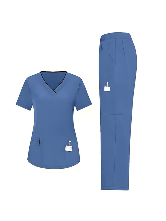 Women's Yogaflex Jogger Stretch Scrubs Uniform Set - Regular & Petite Sizes | V-Neck Multi-Pocket Top with Yoga Waist Joggers,Blue L