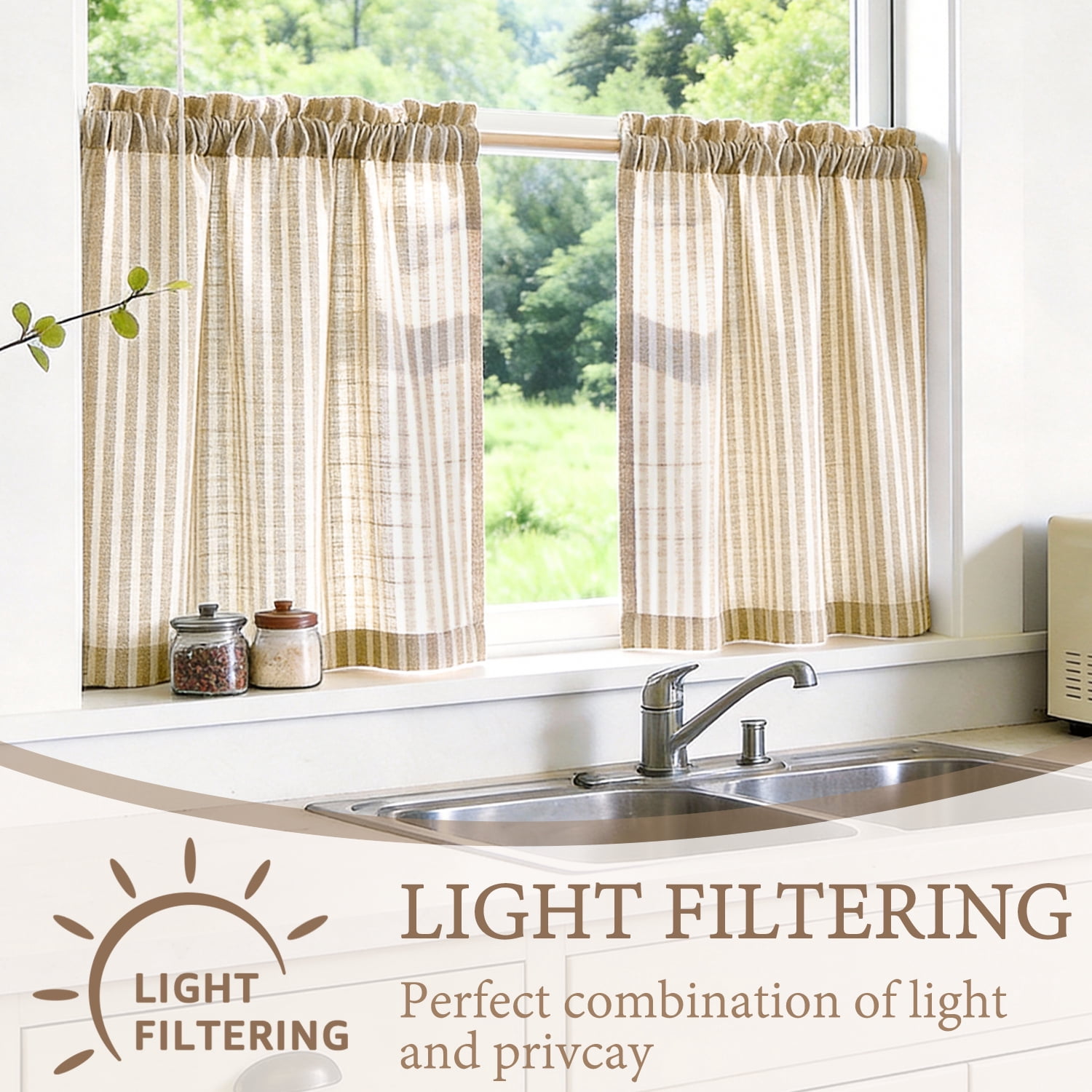 TOPICK Striped Kitchen Curtains and Valance Set 36 Inch Small Linen Curtains for Cafe Living Room Bathroom Farmhouse 3 Pieces Set Rod Pocket Beige