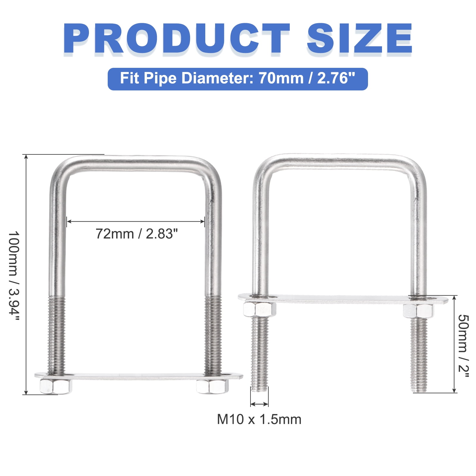 Uxcell 2 Sets M10 Square U-Bolts, 2.83" Inner Width 3.94" Length 304 Stainless Steel U Clamp Bolts with Nuts, Plates and Wrench
