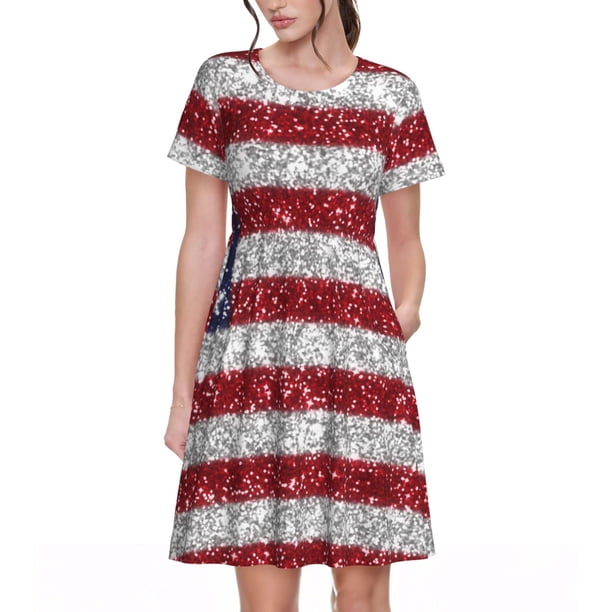 Disketp America Flag Glitter para Vestido de Manga Corta para Mujeres, Vestidos de Verano para Mujeres, Casual y Holgado para la Playa