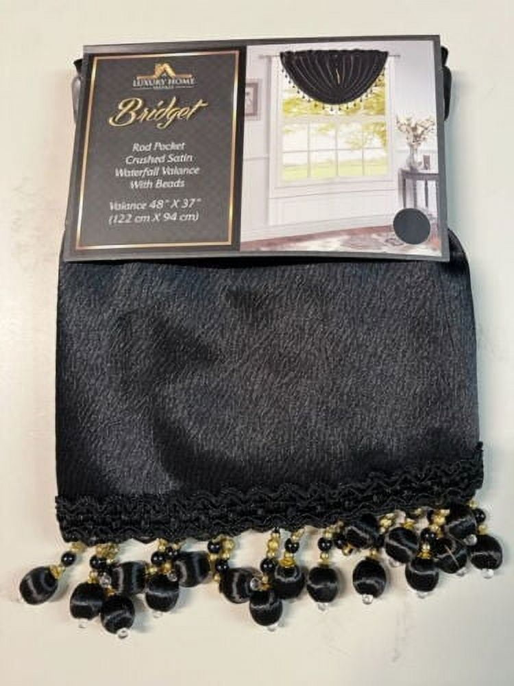 Luxury Home Textiles Bridget 5 Piece Crushed Satin Curtain Set with Beaded Austrian Valances, 84" Long (Black)