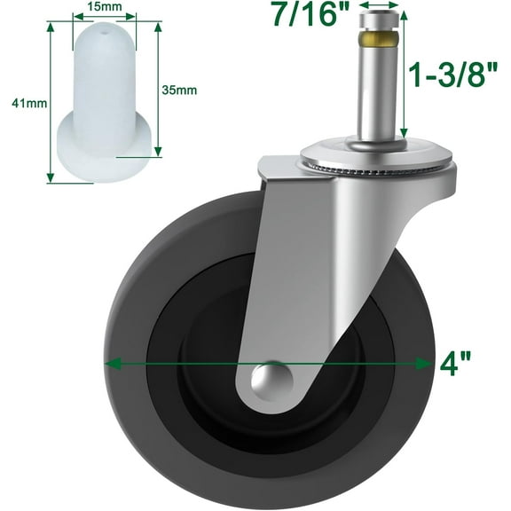 4 Inch Stem Caster Wheels - Heavy Duty TPR  for  Mop Buckets & Shop Vacs - 4 Pack
