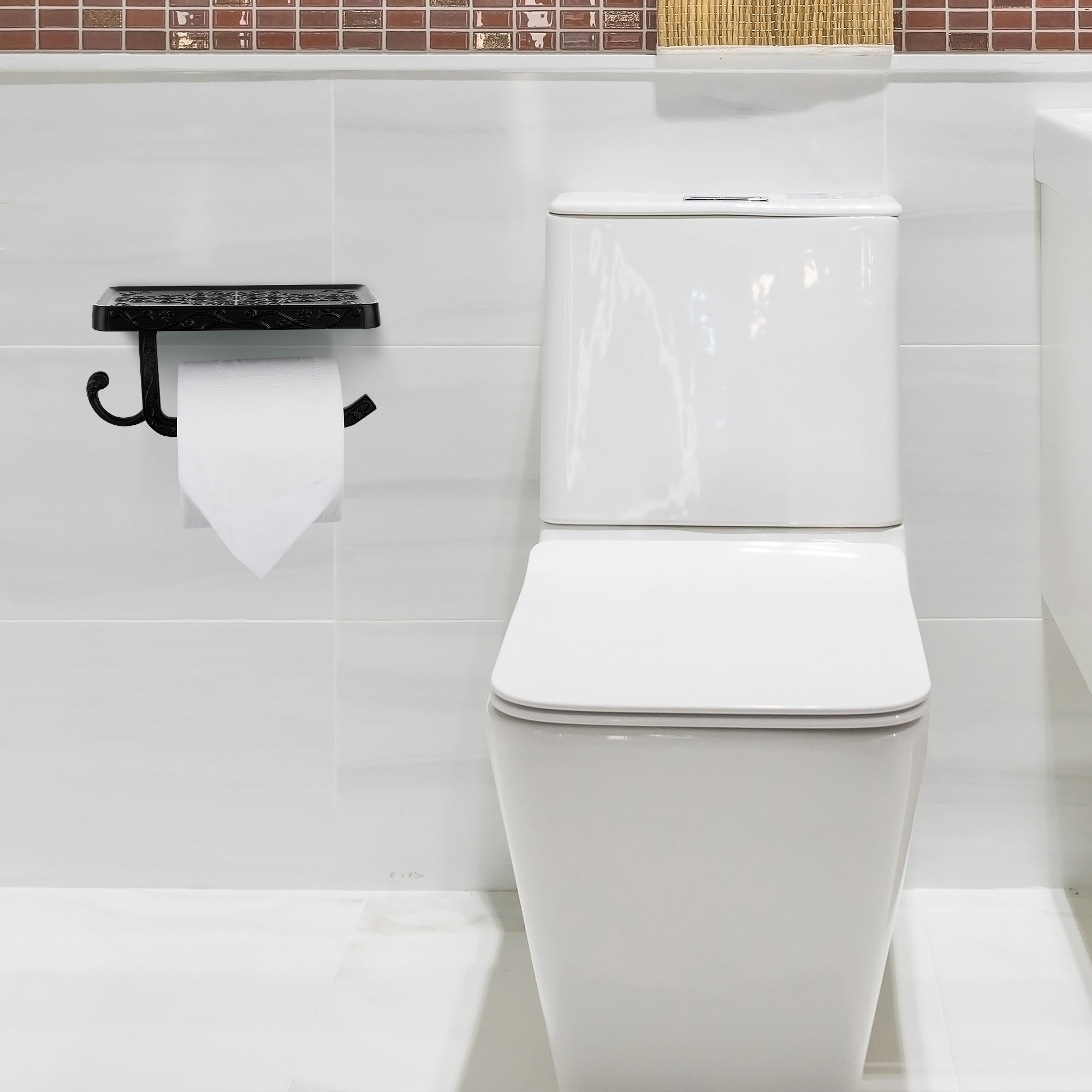 Unique Bargains Toilet Paper Holder with Phone Shelf Aluminum Alloy Roll Holder Black