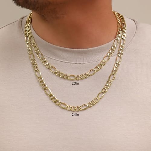 14K Gold Diamond Cut Figaro Chain 14K Yellow Real Gold Hollow