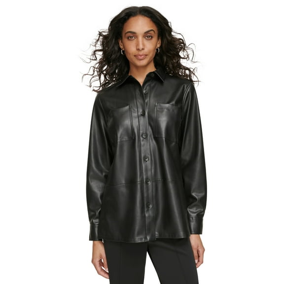 Women's Faux-Leather Button-Front Shirt Black L