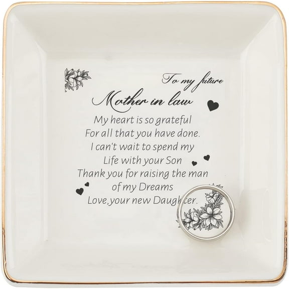 1pc Jewelry Tray Ring Dish Trinket Dish to My Future Mother in Law Jewelry Dish Ceramic Decorative Trinket Plate Jewelry Key Holder for Birthday Gifts to Mother in Law 4.1"x4.1"