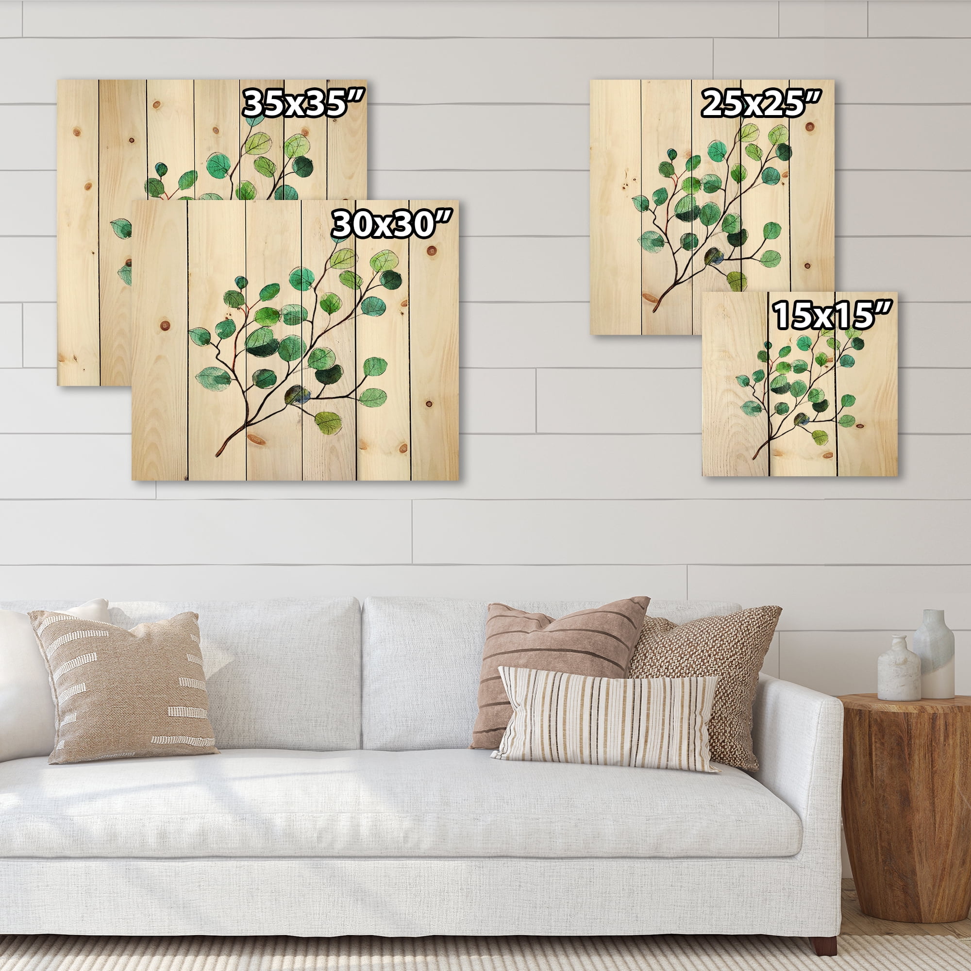 Designart 'Young Eucalyptus Branches and Leaves IV' Traditional Print on Natural Pine Wood