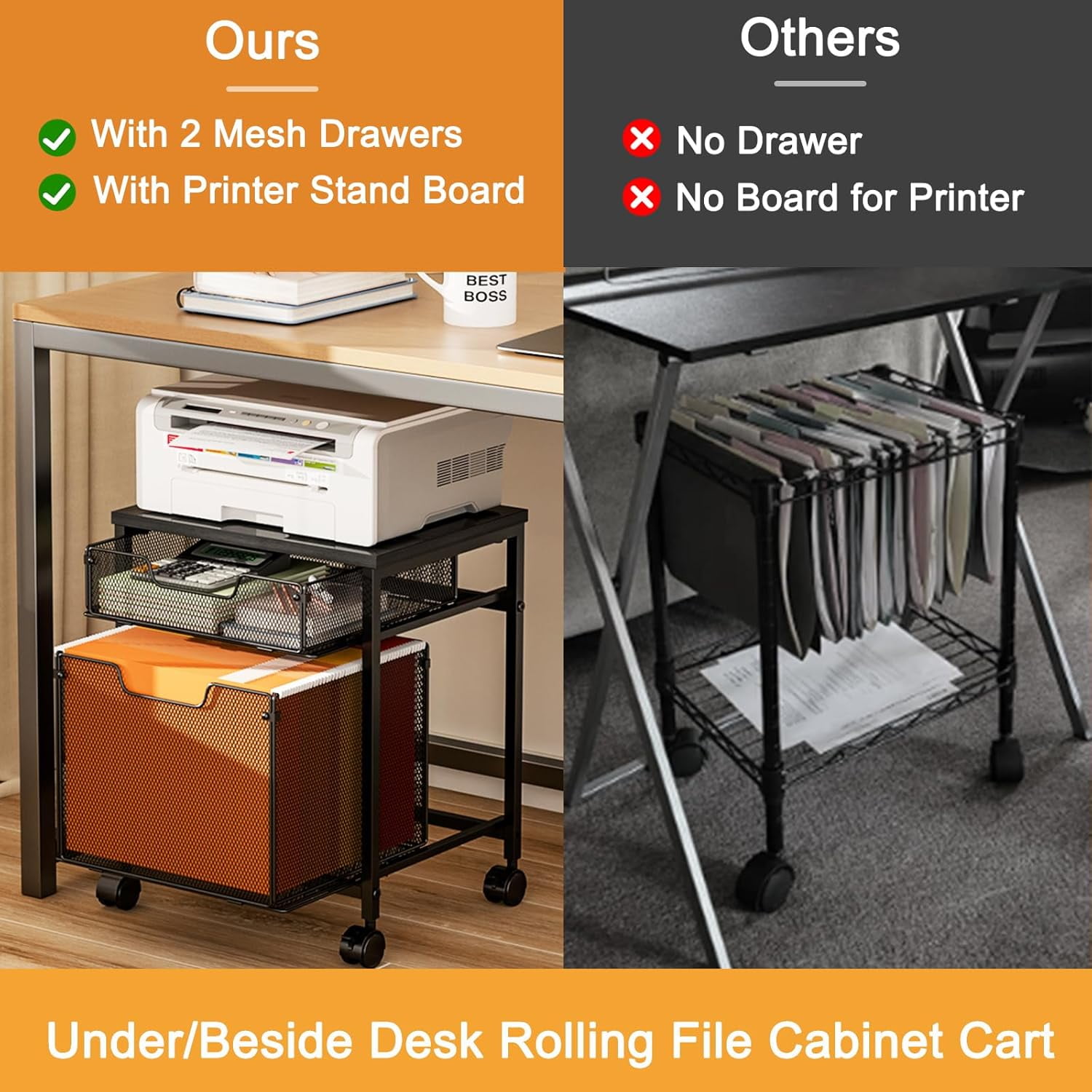 Rolling File Cabinet Cart, Printer Stand with Storage Drawer, Mobile Filing Cabinet on Lockable Wheel, Printer Cart with Hanging File Folder Organizer Beside Under Desk for Office Home