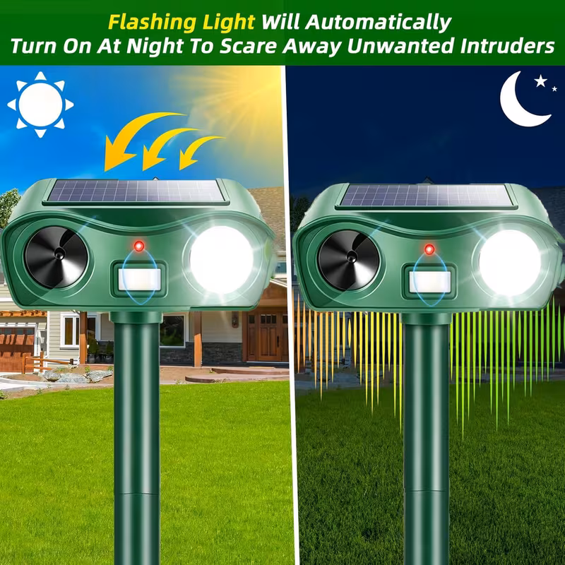 Paddsun Solar Ultrasonic Animal Repellent, Motion Activated Deterrent with LED Flashing Light for Cat Squirrel Deer Raccoon Rabbit Yard Protector